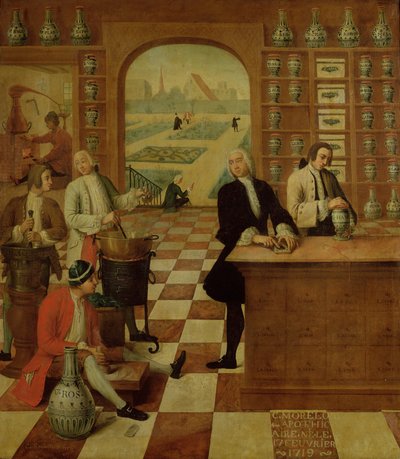 De Apotheker C. Morelot (geb. 17 februari 1719) in zijn apotheek, 1751 door C. Souville